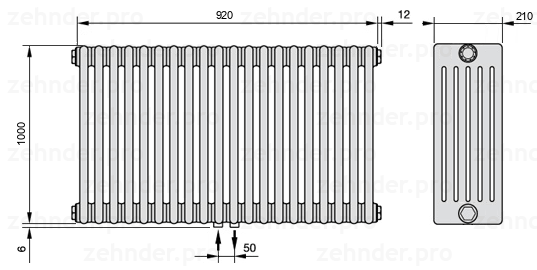 Схема (чертеж) Радиатор Zehnder Charleston 6100/20 №3470 Белый глянцевый RAL 9016